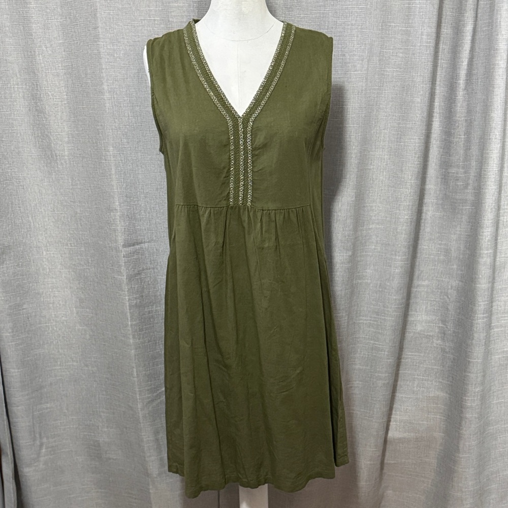 Terzo Millennio made in Italy Linen/Cotton Sleeveless Dress-M-Olive/Silver Trim